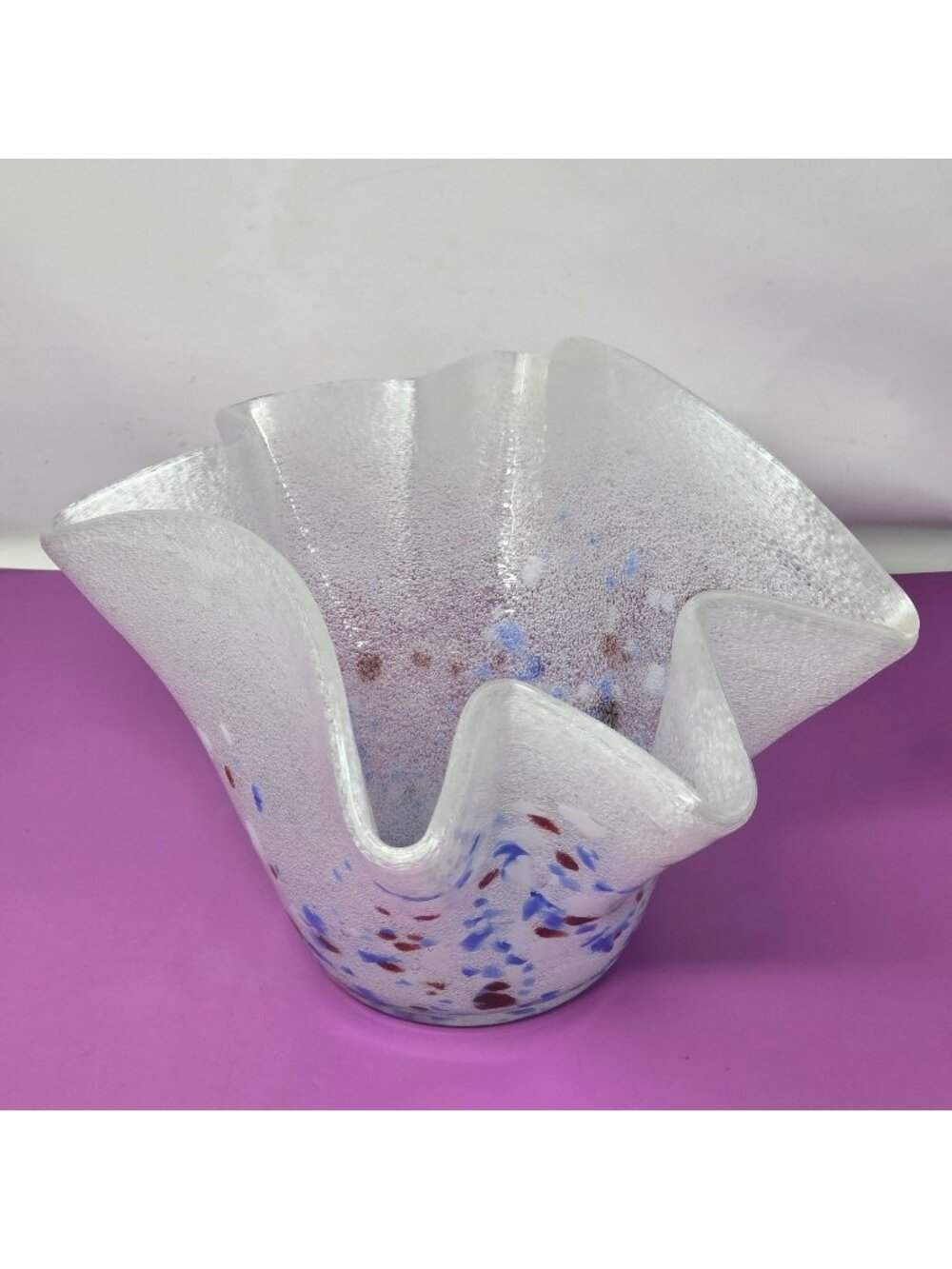 Vintage Art Glass Handkerchief Candy Dish Blue Red Confetti Spatter Glass